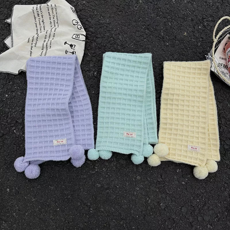 Waffle Knit Pom-Pom Scarf 