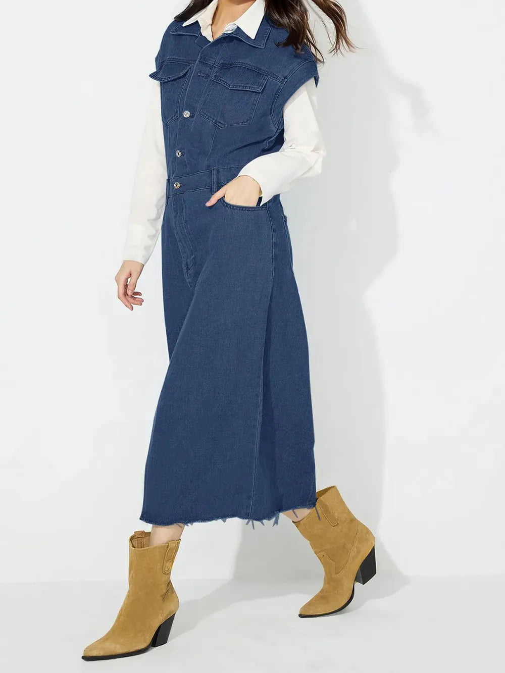 Slit Half Button Collared Neck Cap Sleeve Denim Dress 