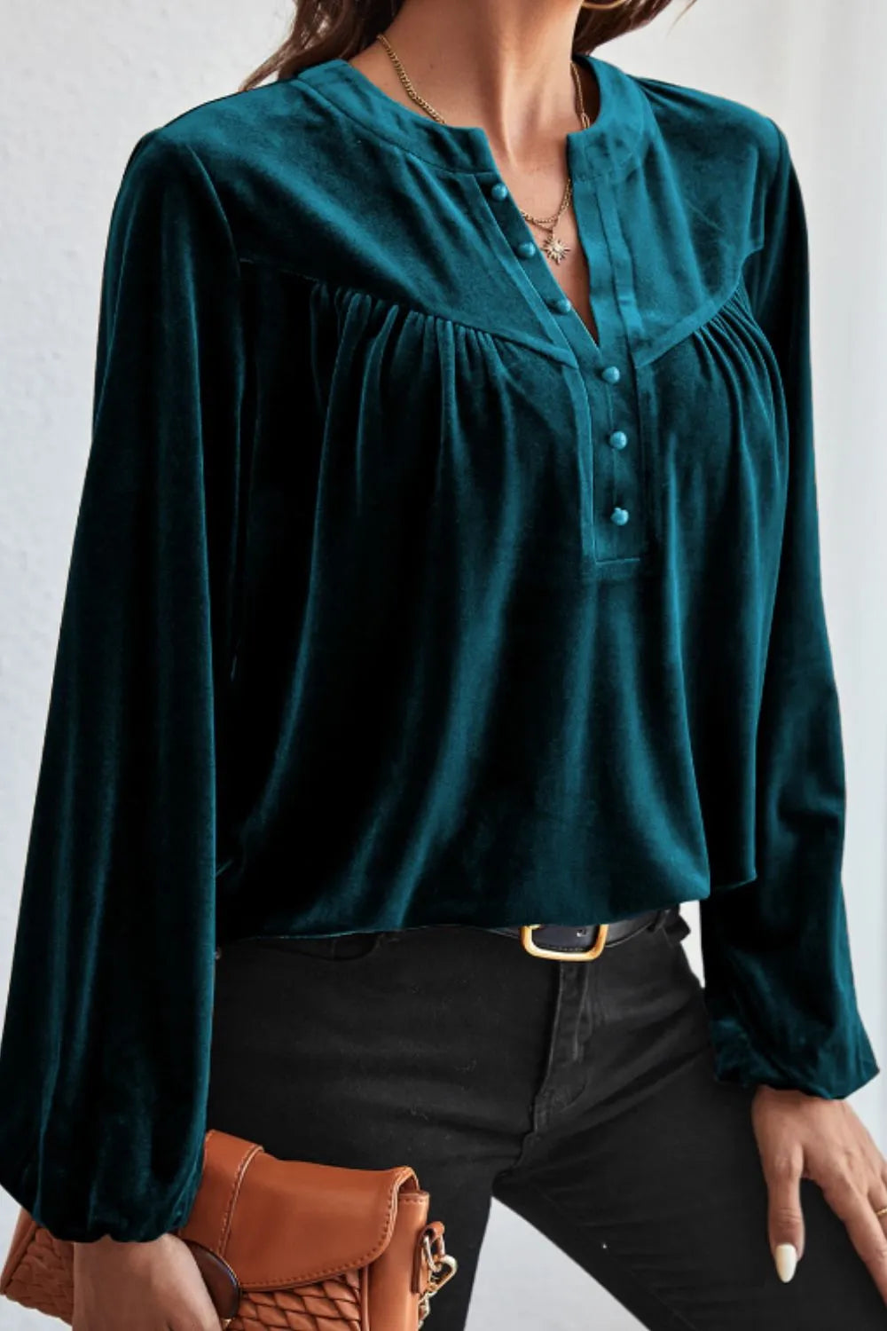 Notched Long Sleeve Velvet Top 