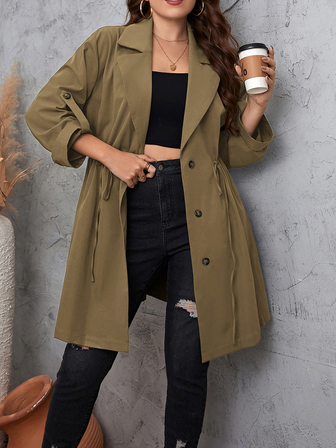 Honey Plus Size Lapel Collar Drawstring Roll-Tab Sleeve Trench Coat 