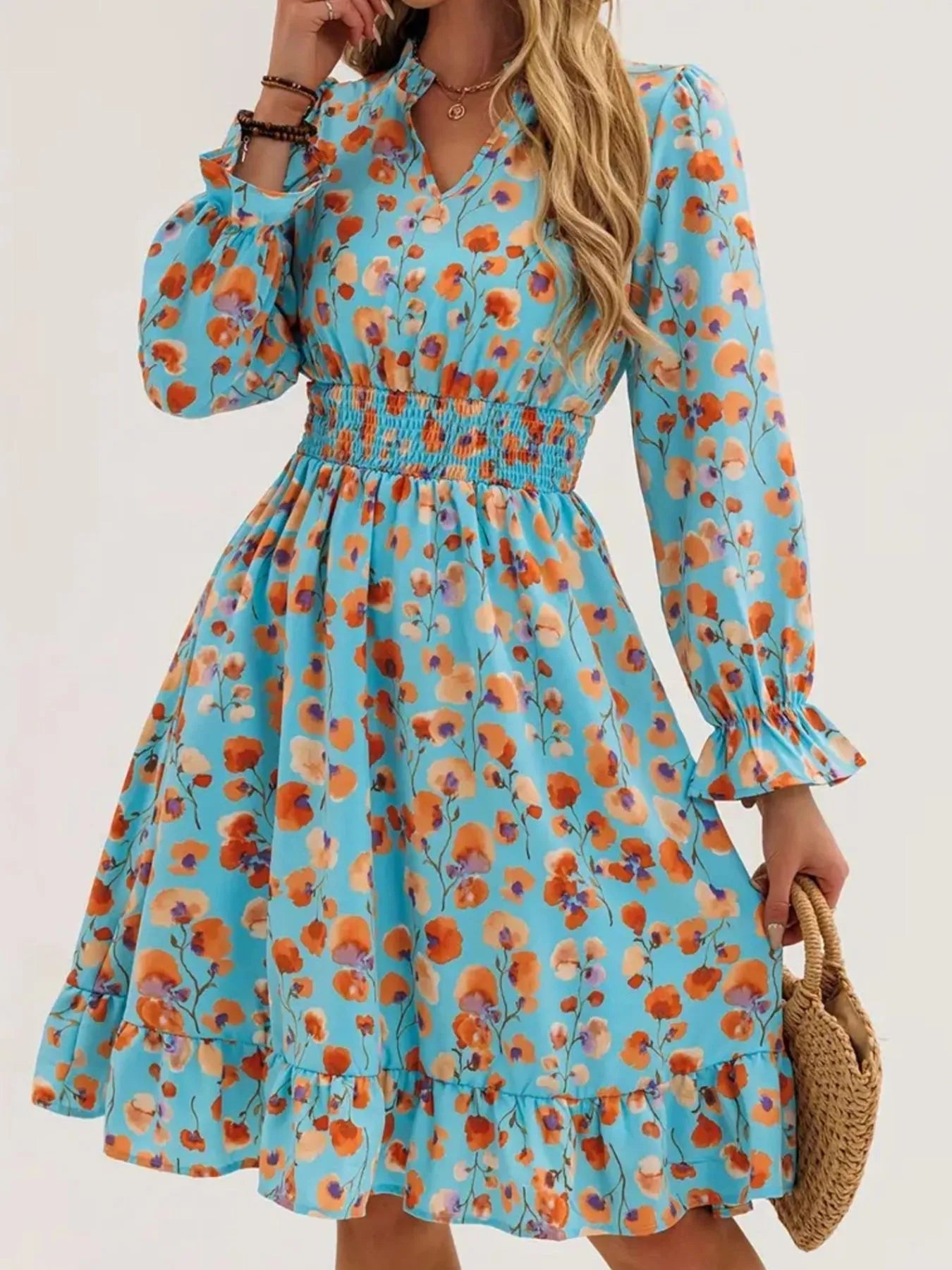 Floral Print Flounce Sleeve Ruffle Hem Dress 