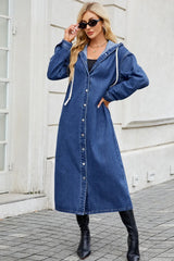 Button Up Long Sleeve Longline Hooded Denim Outerwear 