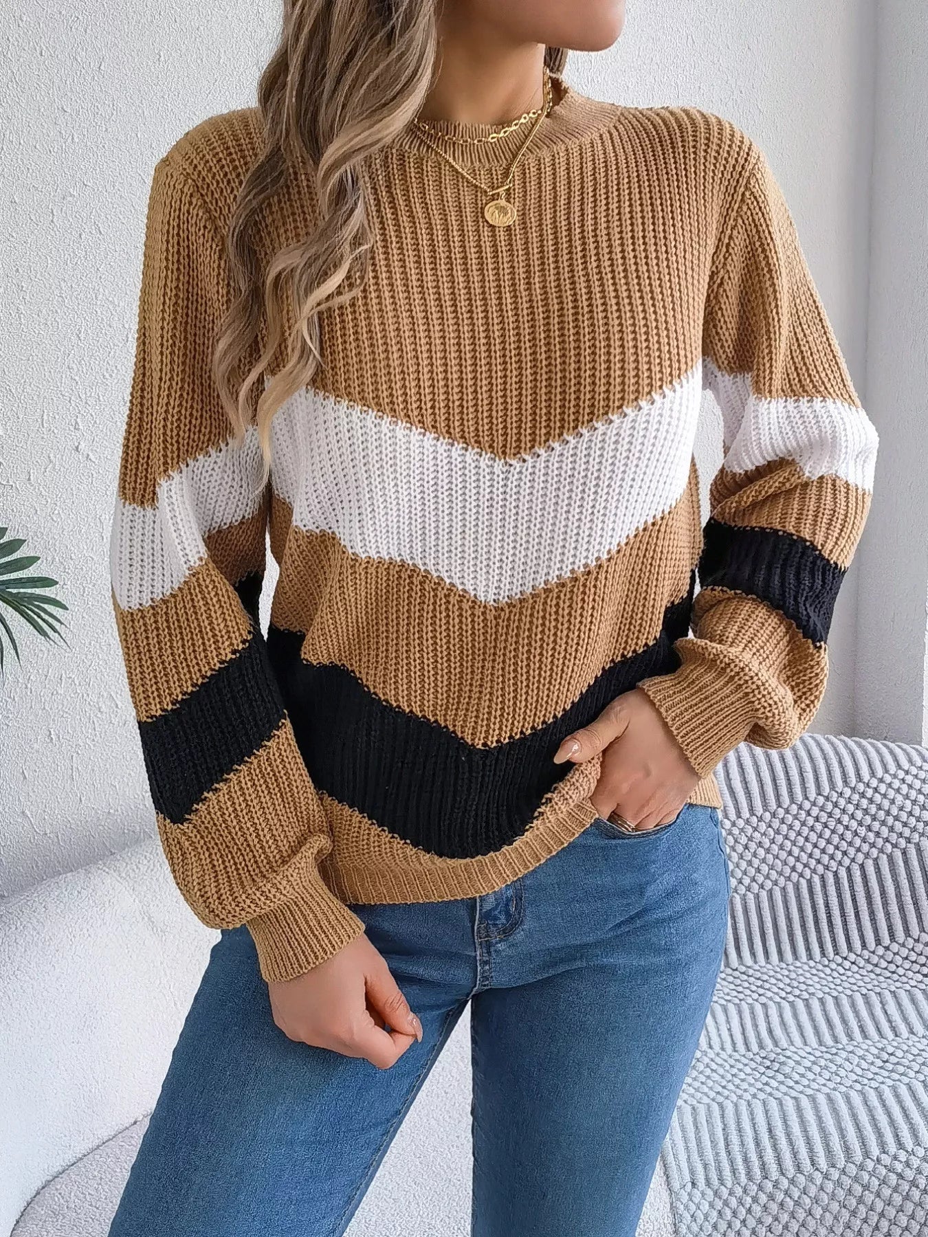 Chevron Stripe Color Block Round Neck Sweater 
