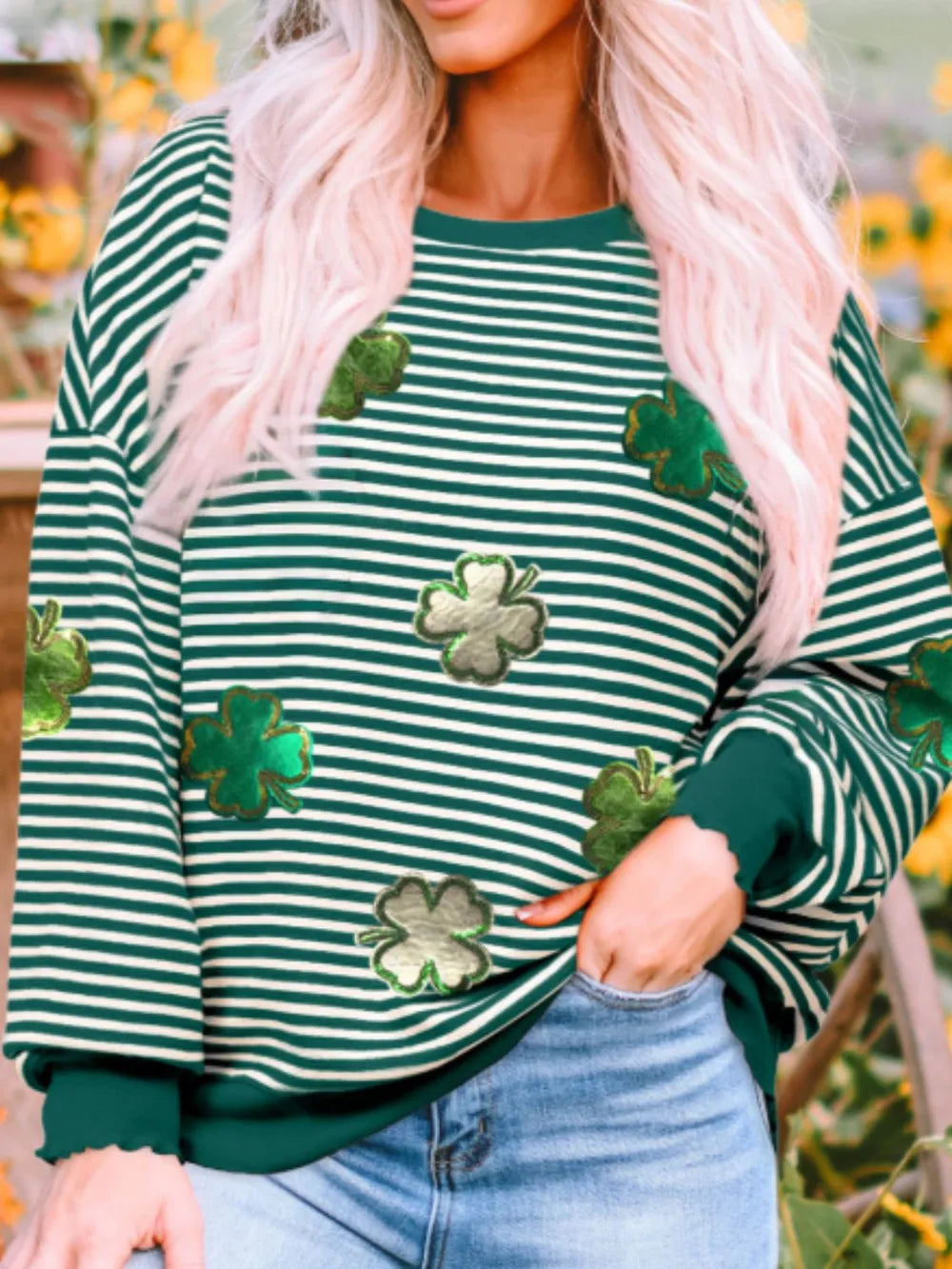 Stripe Lucky Clover Drop Shoulder Sweatshirt 