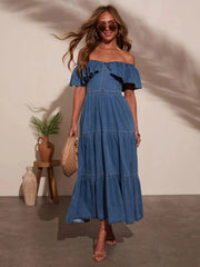 Off Shoulder Ruffle Tiered Denim Dress 