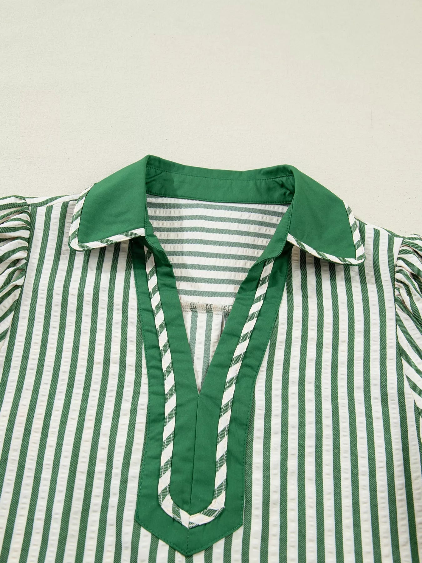 Stripe Collared Split Neck Short Bubble Sleeve Blouse 