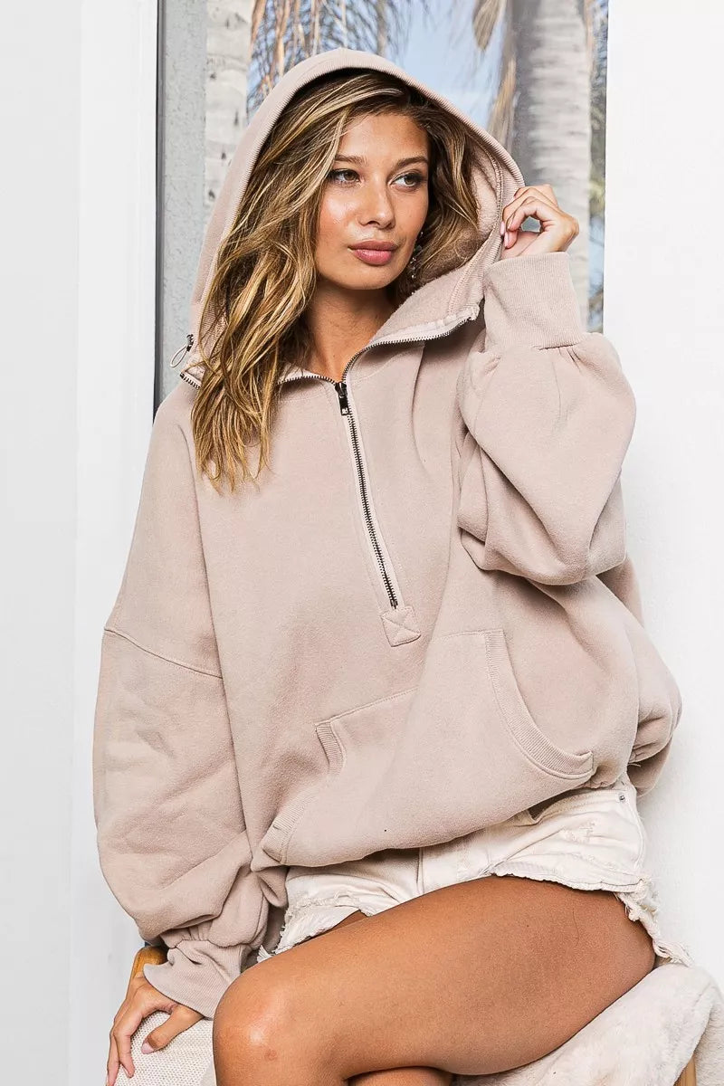 BiBi Stitch Detailed Elastic Hem Half Zip Fleece Hoodie 