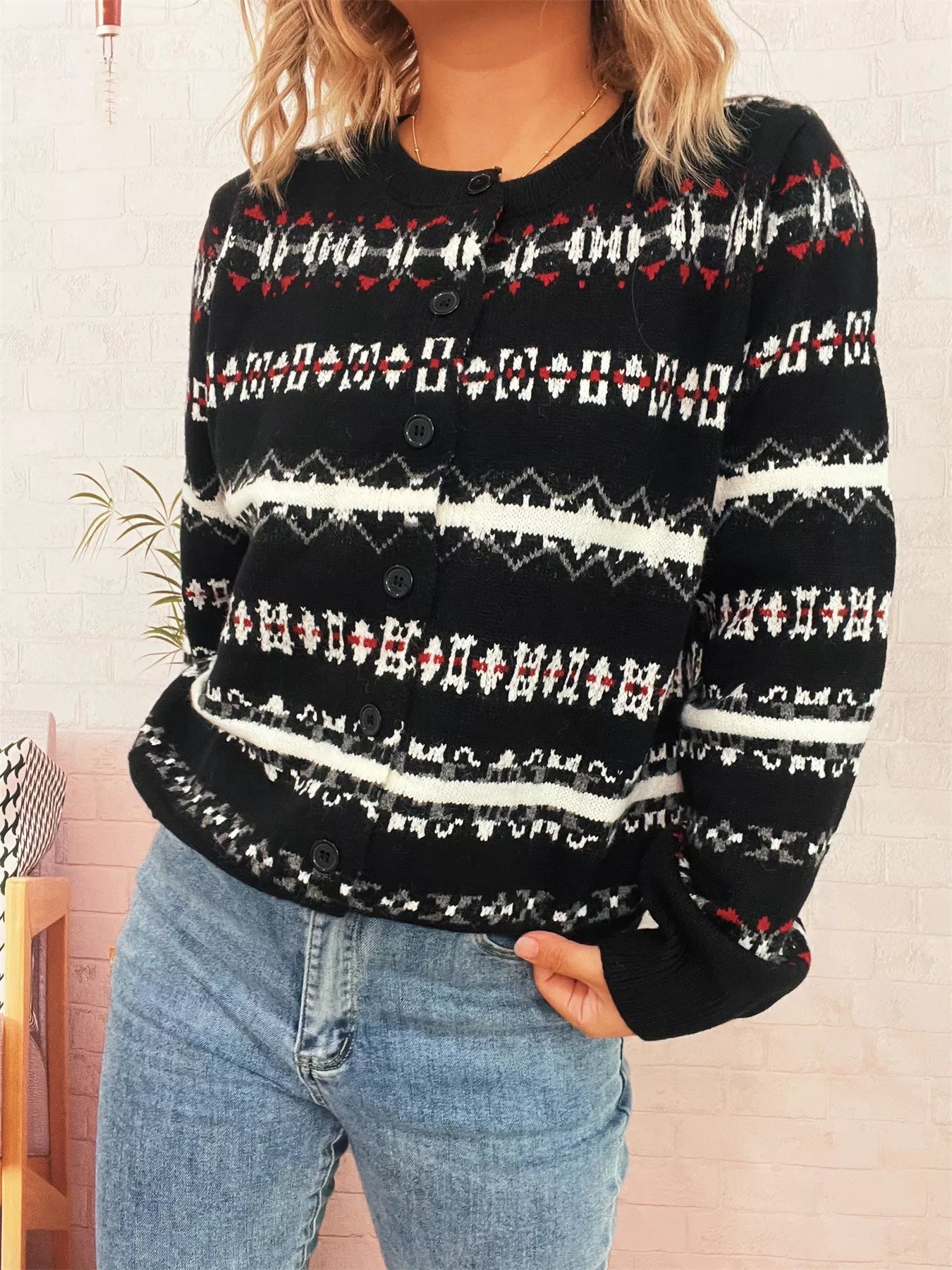 Vintage Pattern Button-Down Cardigan 