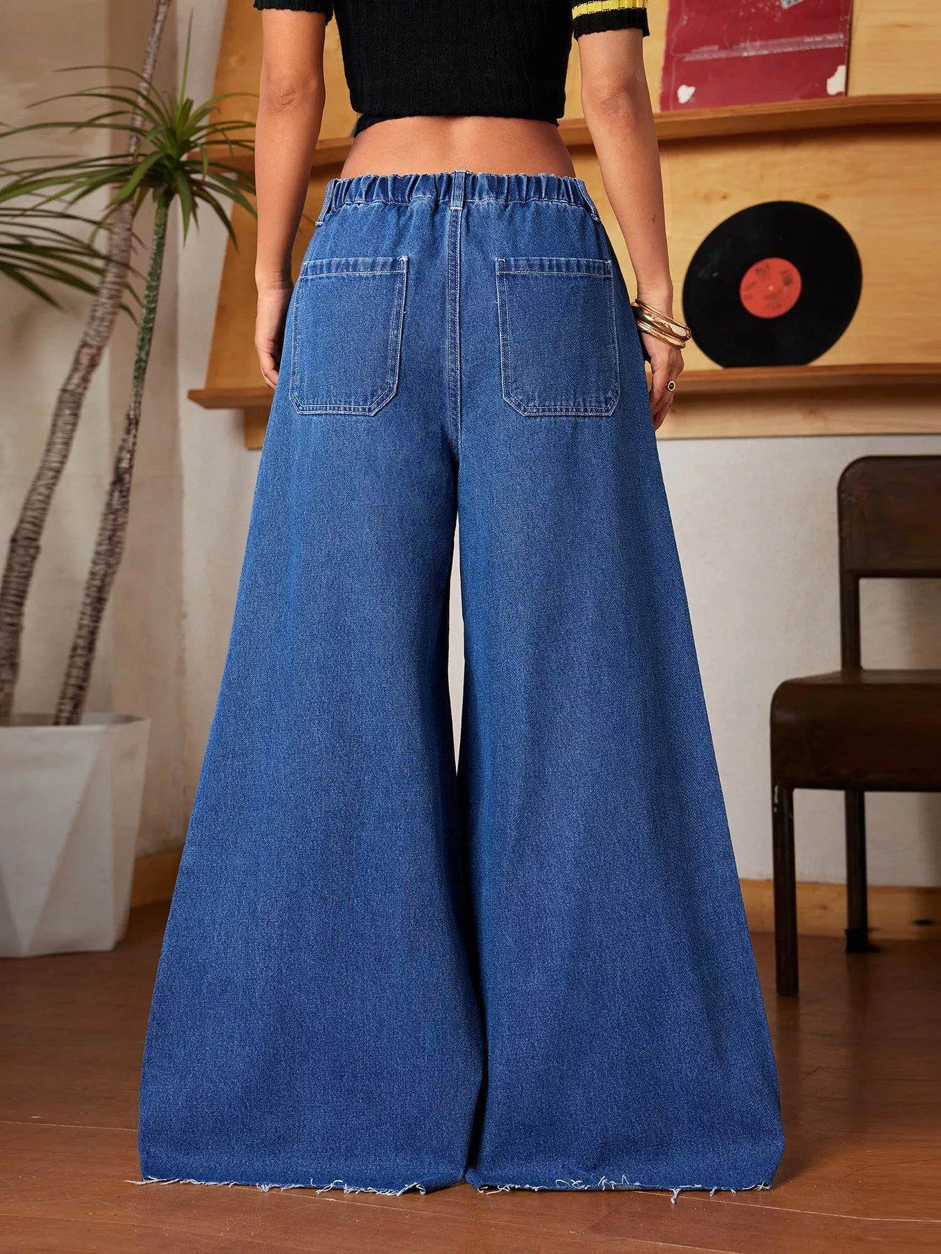 Wide Leg Drawstring Waist Ripped Hem Jeans 