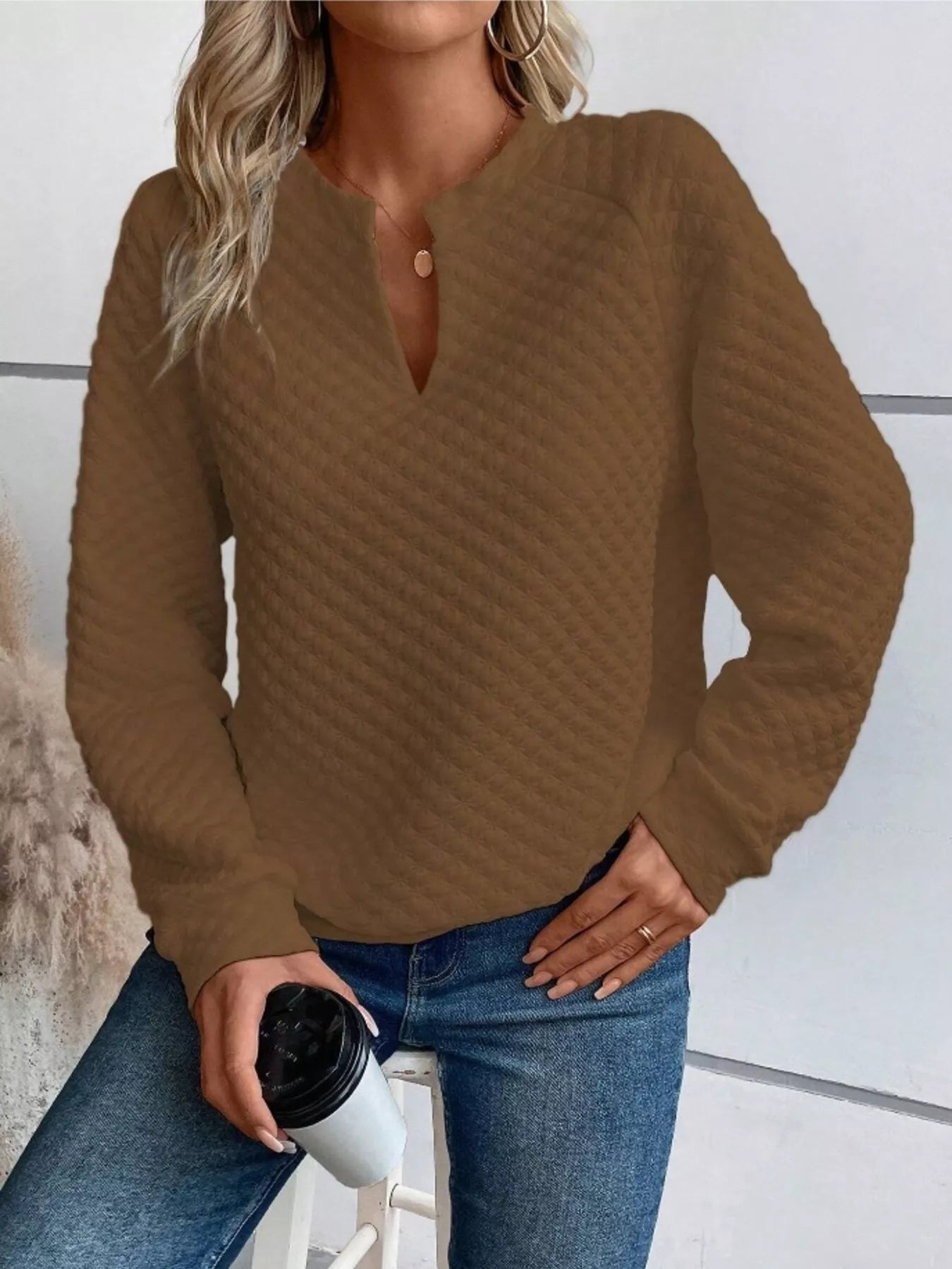 Textured Notched Raglan Sleeve Sweatshirt 