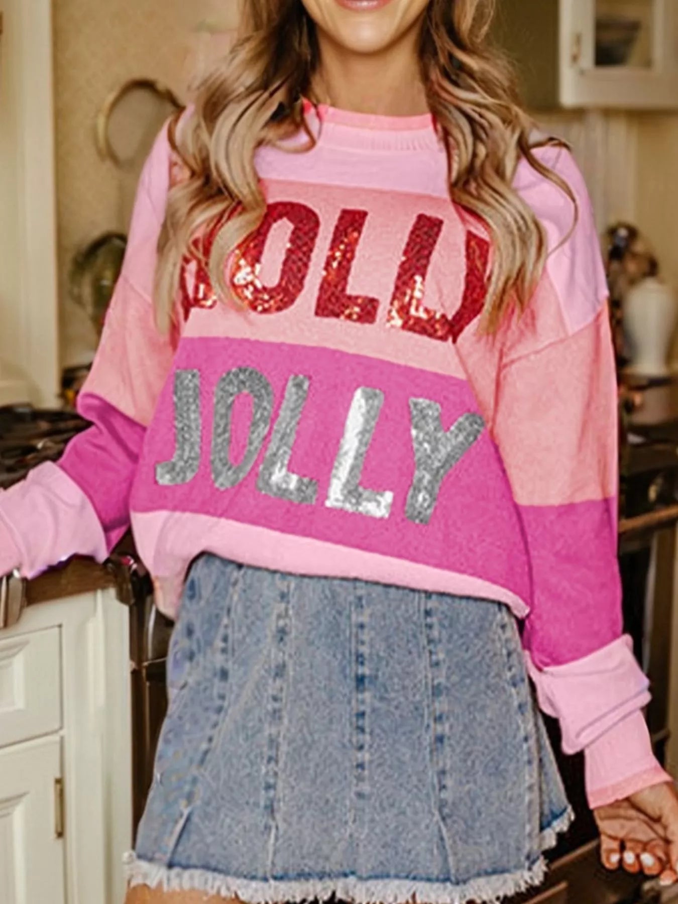 Sequined HOLLY JOLLY Color Block Crew Neck Sweater 