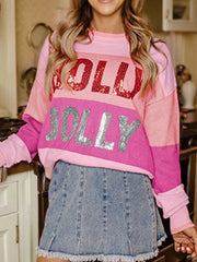 Sequined HOLLY JOLLY Color Block Crew Neck Sweater 