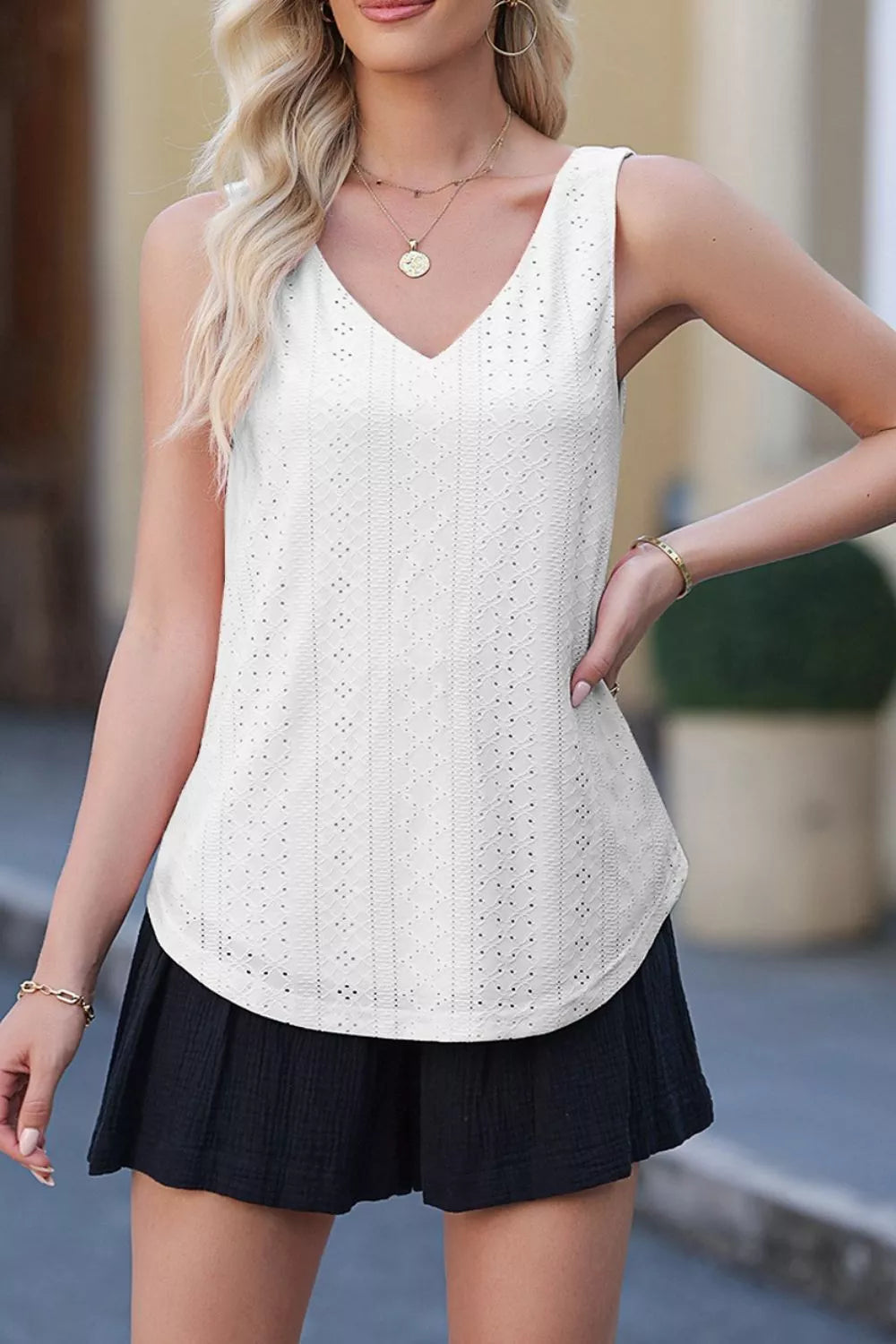 Eyelet Knit Patterned Loose V Neck Tank Top 