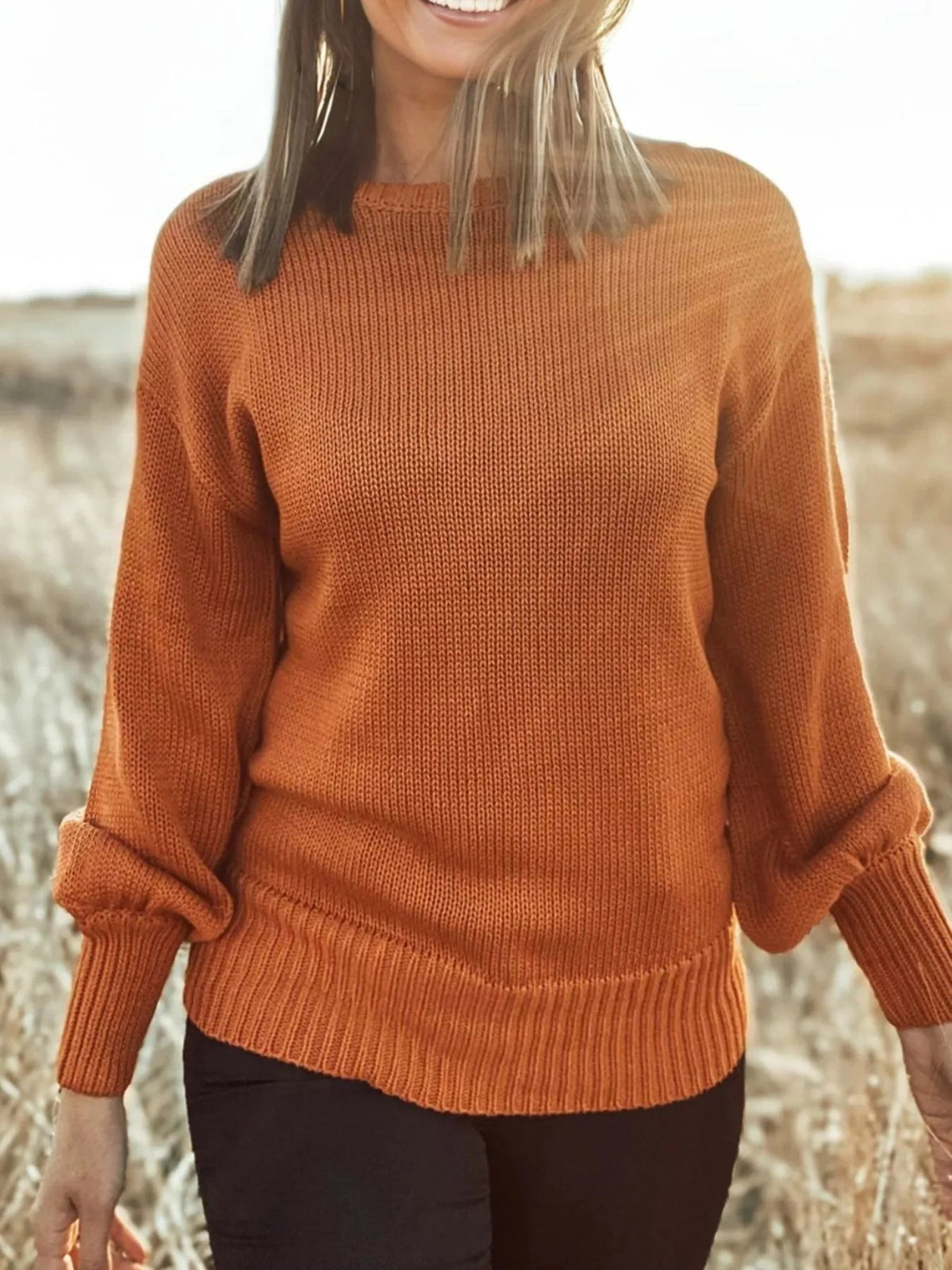 Solid Color Ribbed Trim Drop Shoulder Sweater 