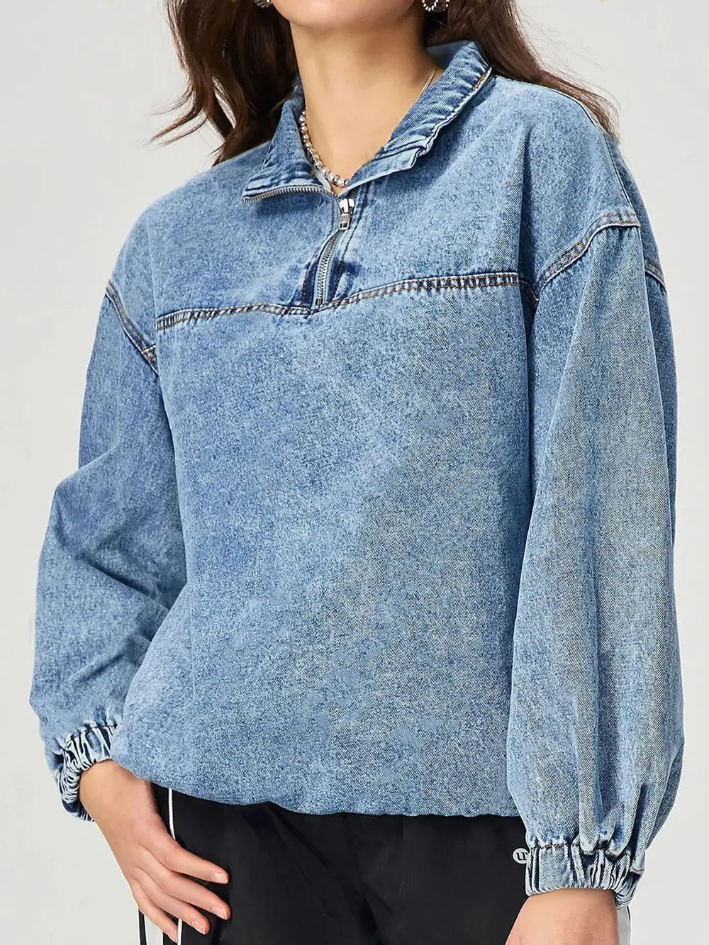 Quarter Zip Collared Neck Denim Top 