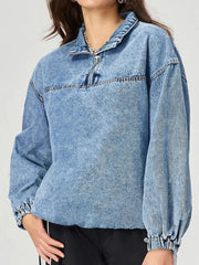 Quarter Zip Collared Neck Denim Top 