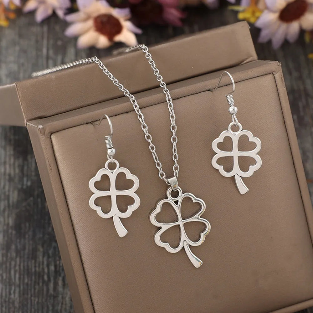 Lucky Clover Alloy Earrings and Necklace Jewelry Set 