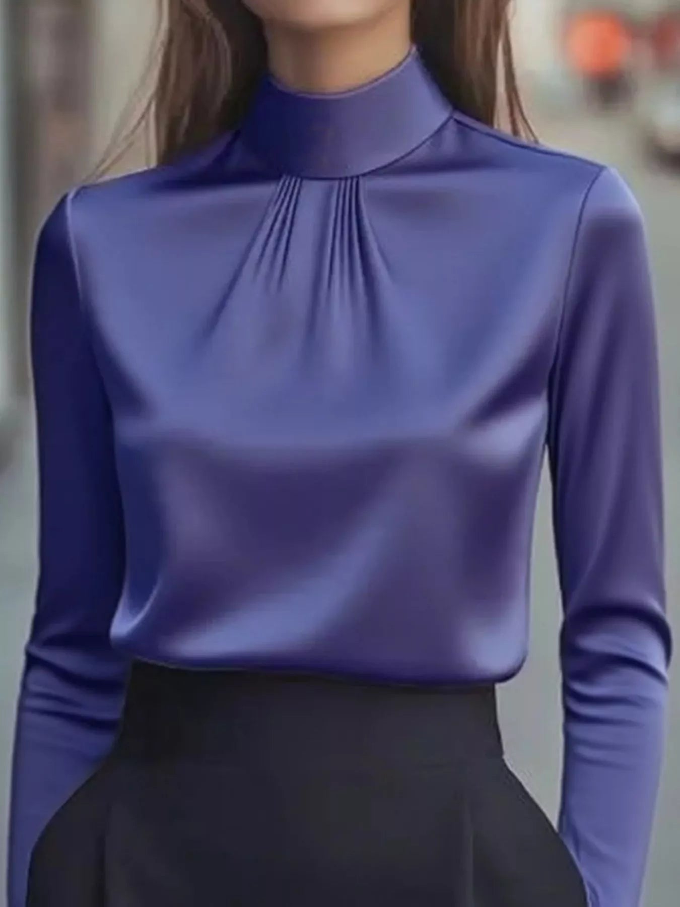 Mock Neck Long Sleeve Blouse with Pleated Detail 
