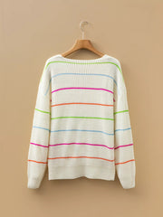 Colorful Striped Detail V Neck Drop Shoulder Baggy Sweater 