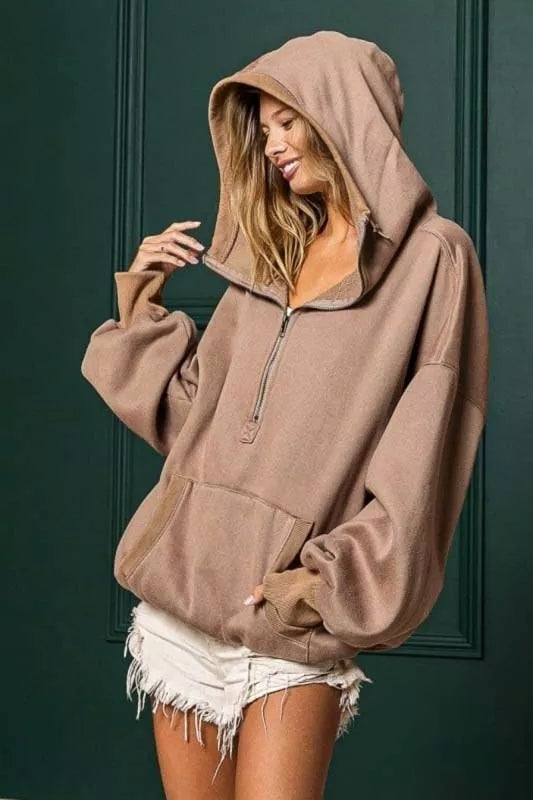 BiBi Stitch Detailed Elastic Hem Half Zip Fleece Hoodie 