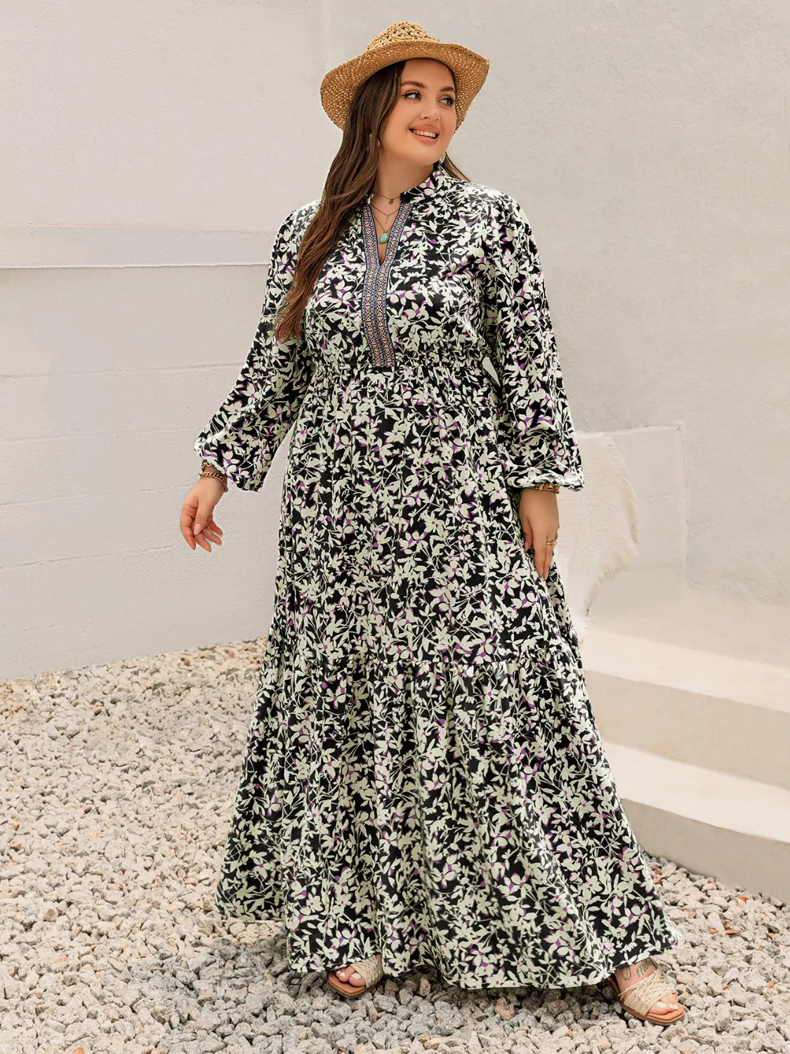 Plus Size Floral Print Long Sleeve Tiered Maxi Dress 