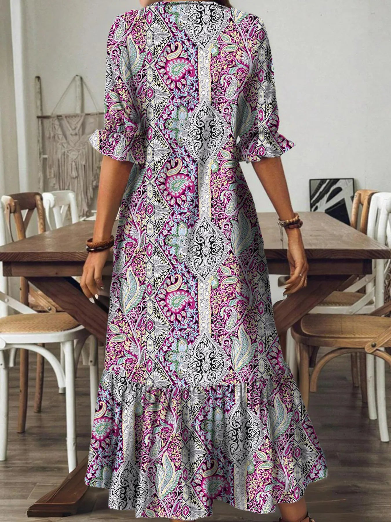 Full Size Bohemian Paisley Print V-Neck Midi Dress Plus Size 