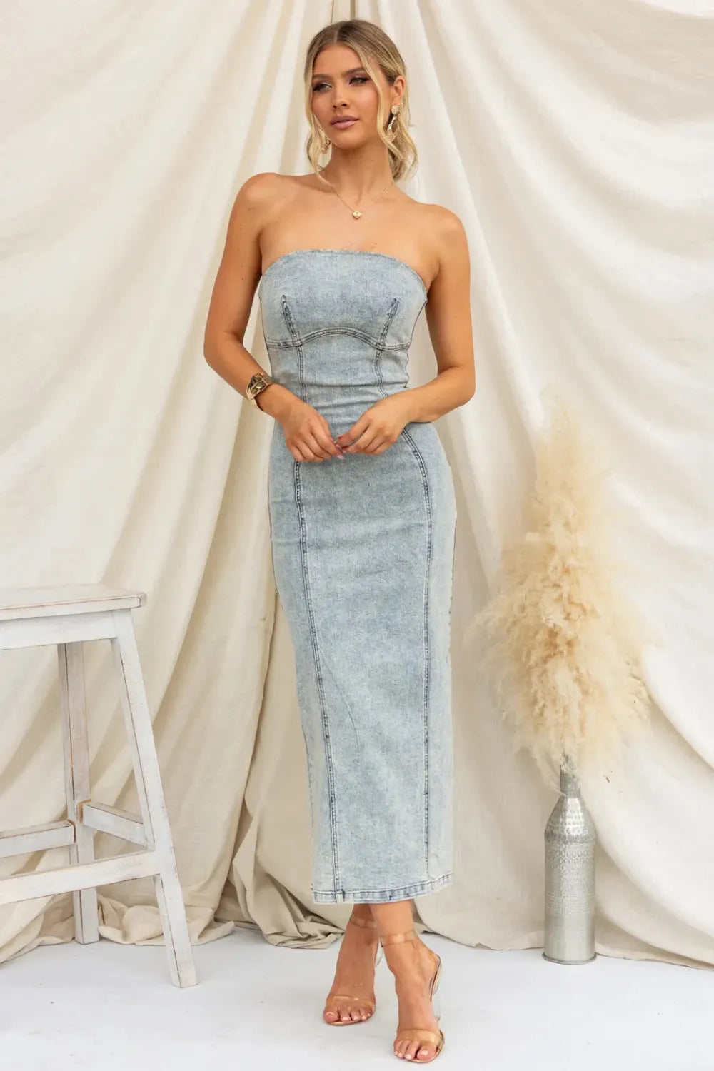Washed Slit Back Tube Denim Dress 