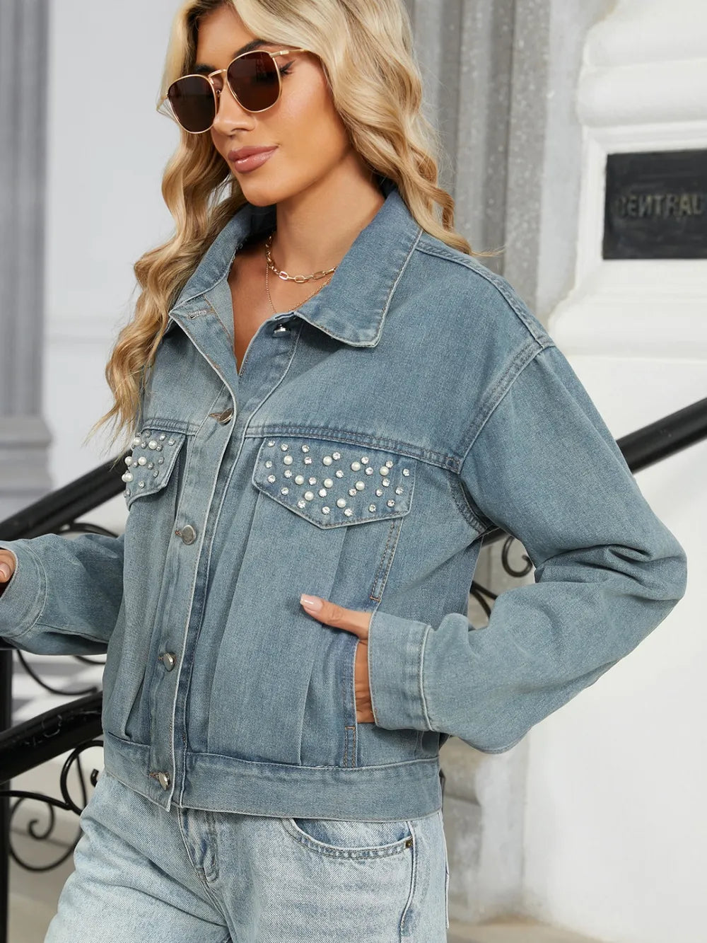 Rhinestone & Peal Trim Button Down Long Sleeve Denim Jacket 