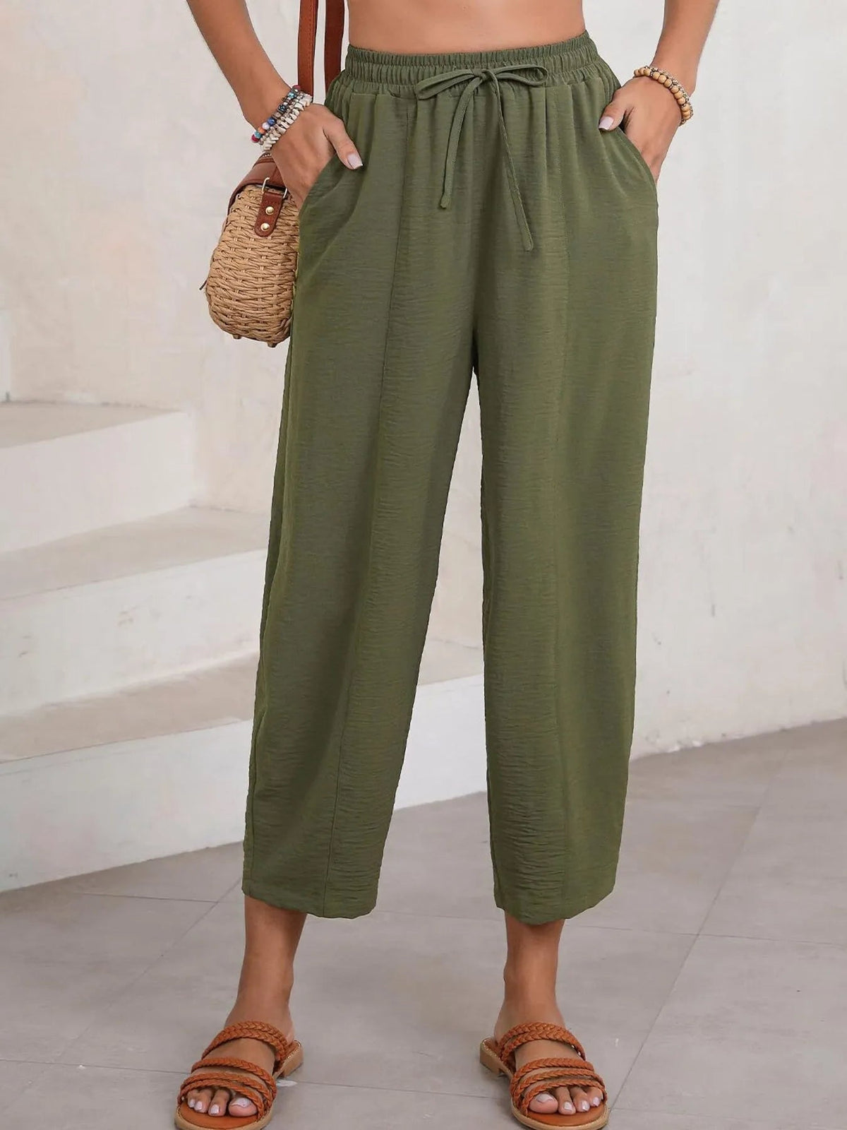 Full Size Drawstring Wide Leg Cropped Pants Plus Size 