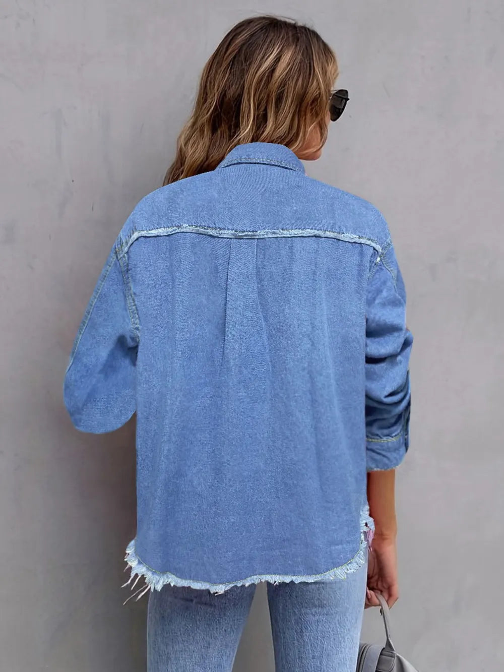 Pocketed Collared Neck Long Sleeve Denim Shirt 