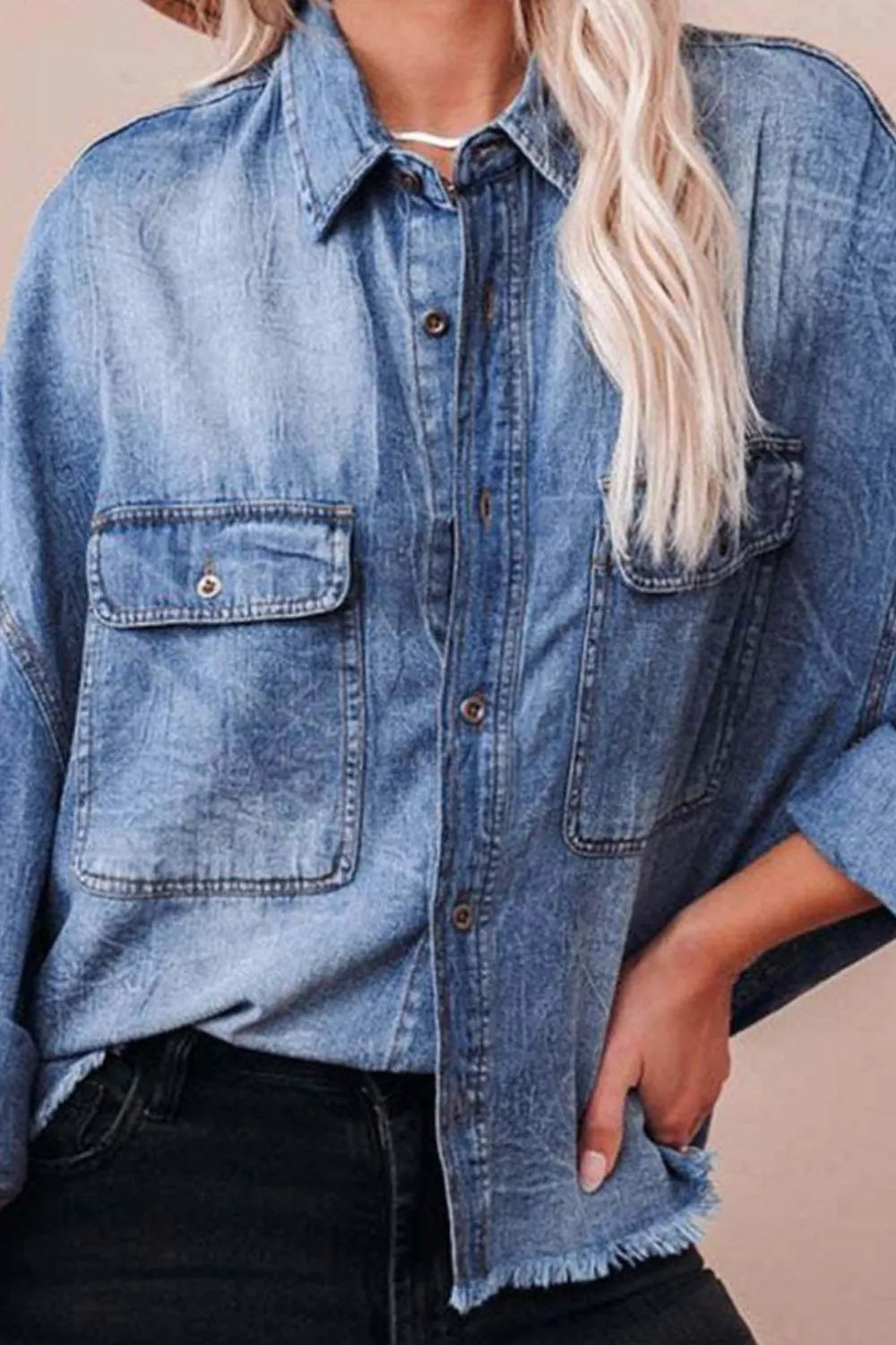 Collared Neck Raw Hem Long Sleeve Denim Shirt 
