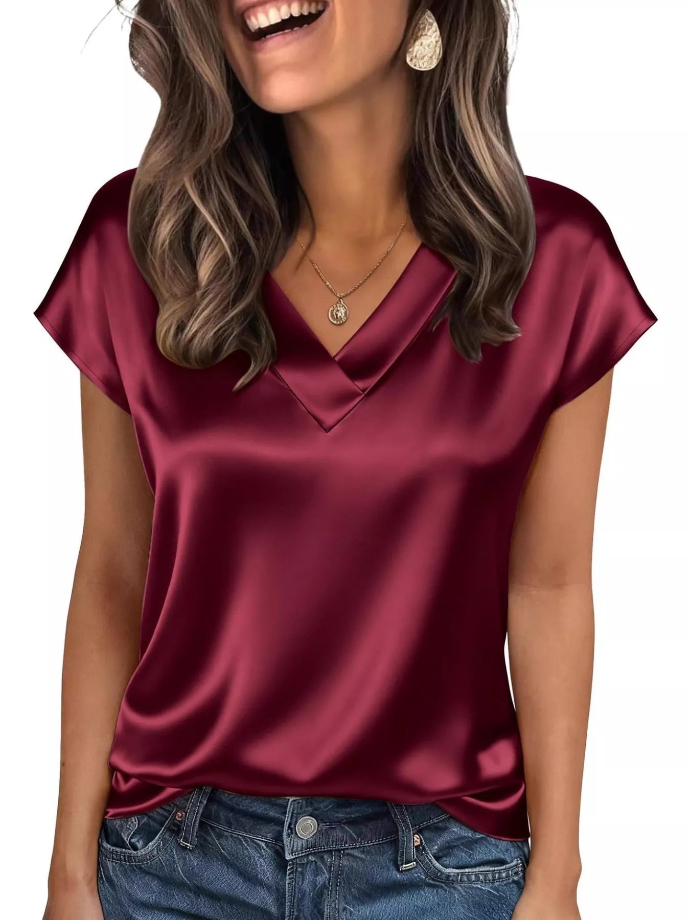 Satin V-Neck Cap Sleeve Blouse 