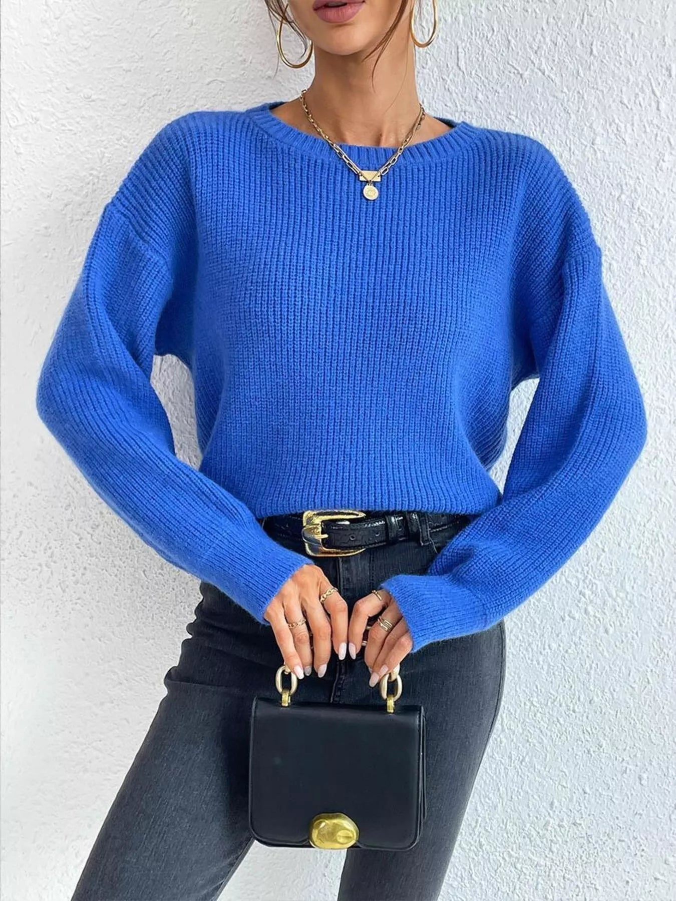 Ribbed Knit Dropped Shoulder Sweater 