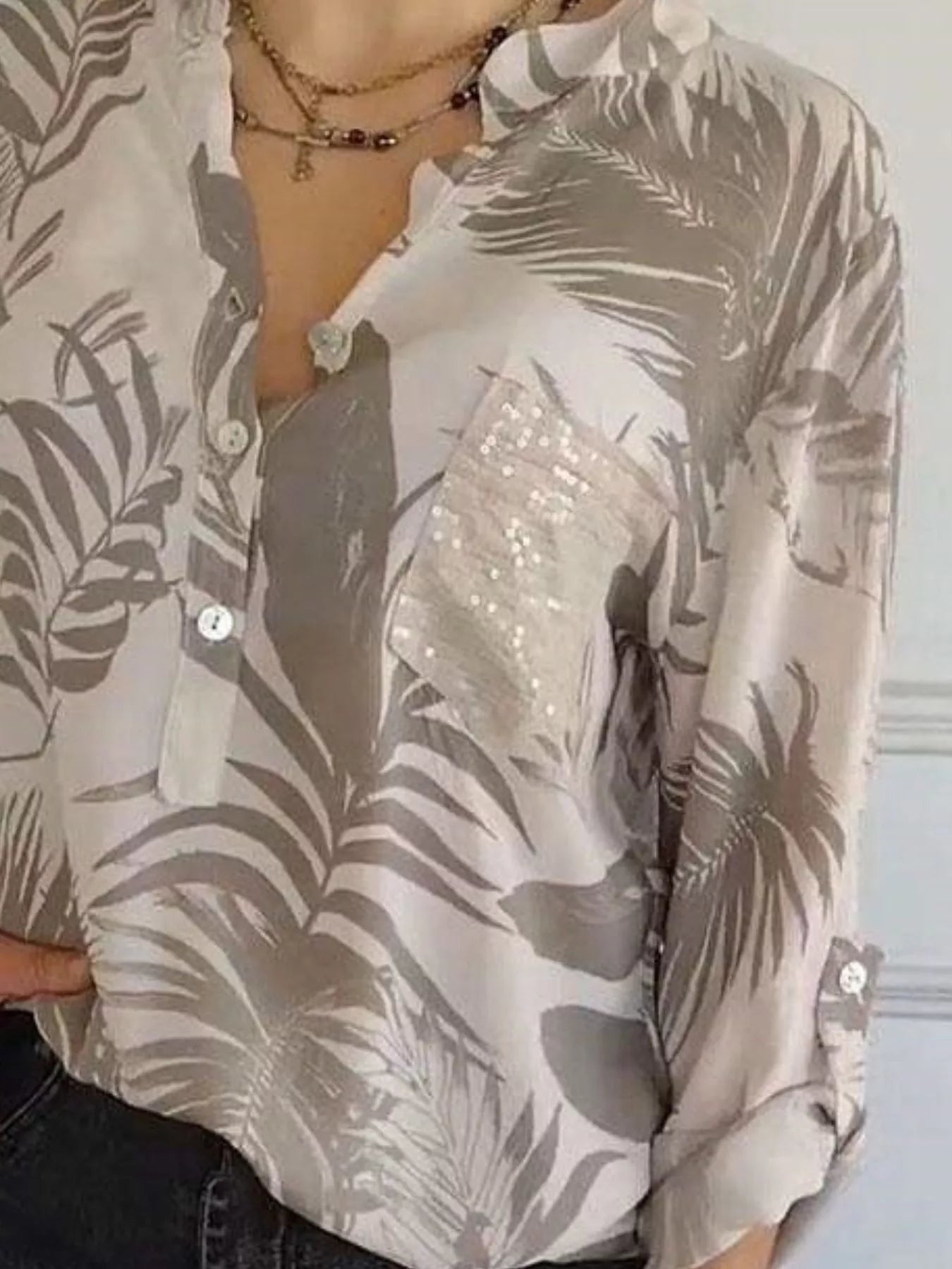 Full Size Printed Button Detail Long Sleeve Blouse Plus Size 