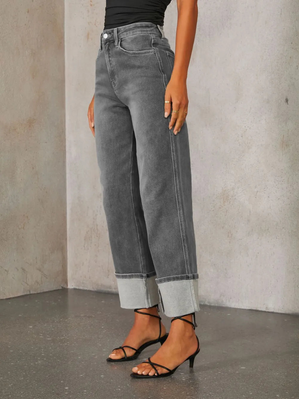 High Waisted Straight Leg Rolled Jeans 