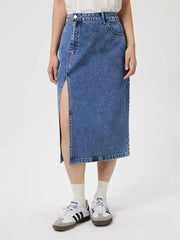 Slit Midi Denim Skirt with Pockets 