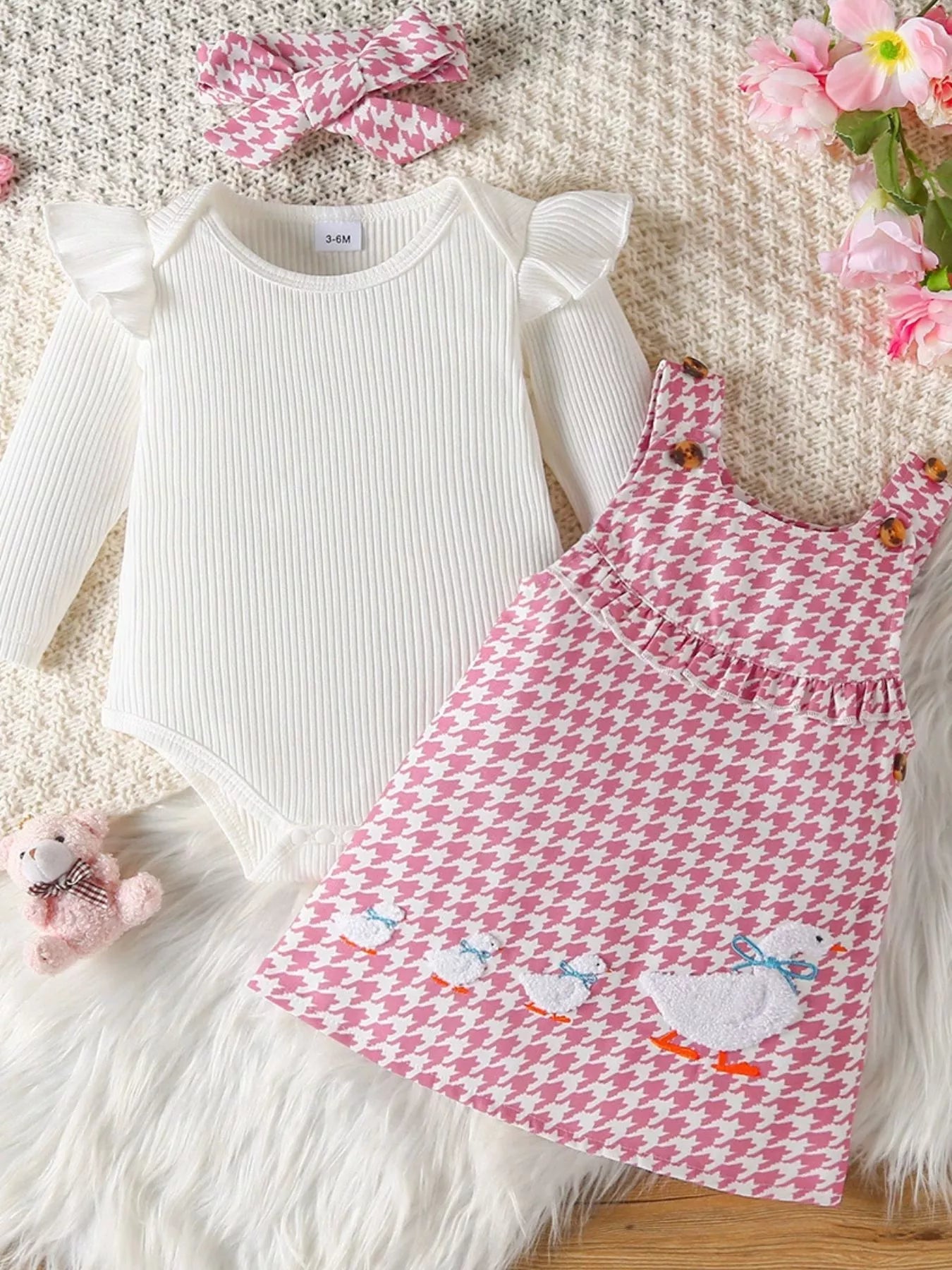 Children's Ruffled Trim Bodysuit and Dress Set with Headband 