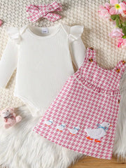 Children's Ruffled Trim Bodysuit and Dress Set with Headband 