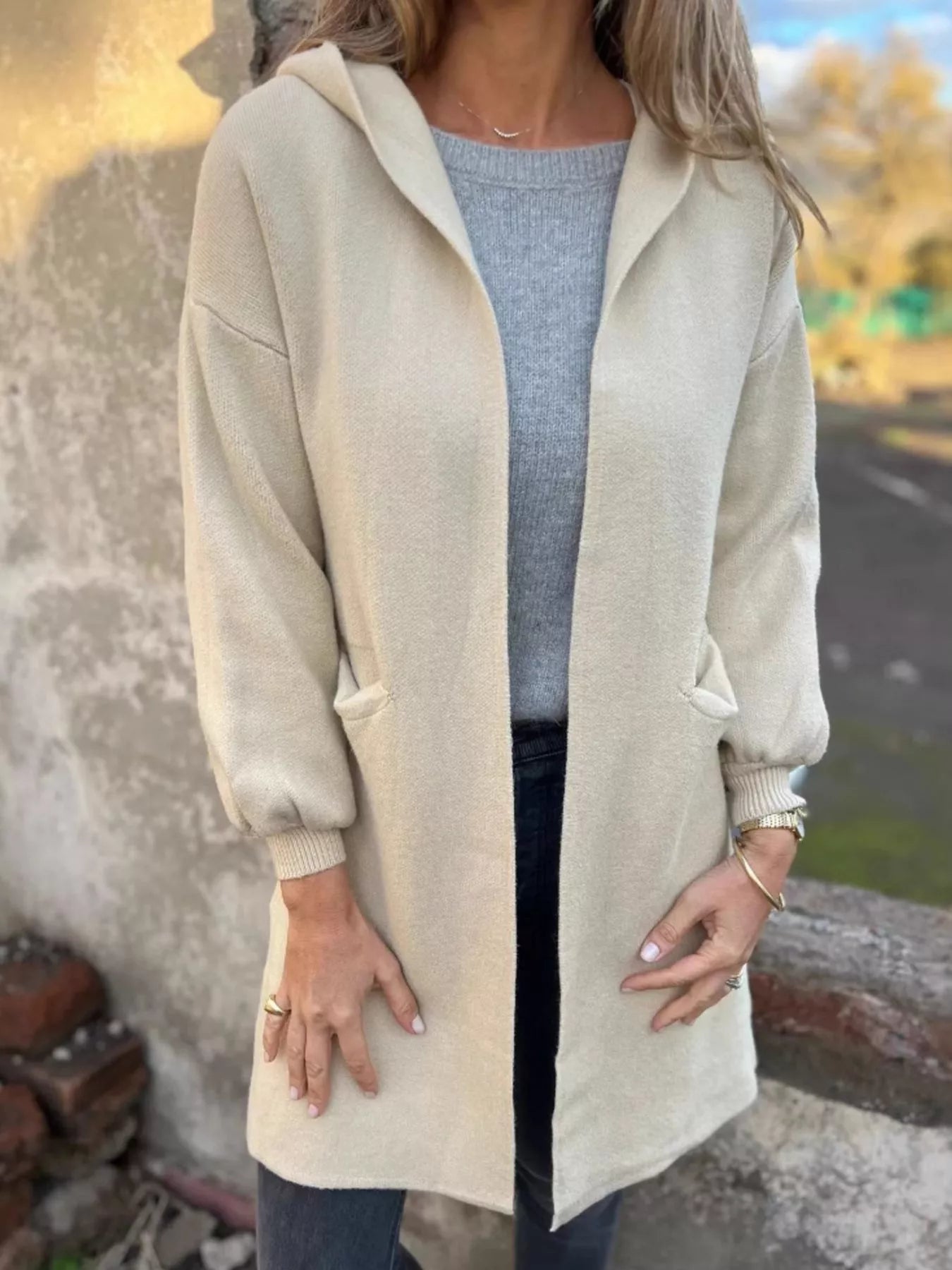 Full Size Open Front Drop Shoulder Hooded Cardigan Plus Size 