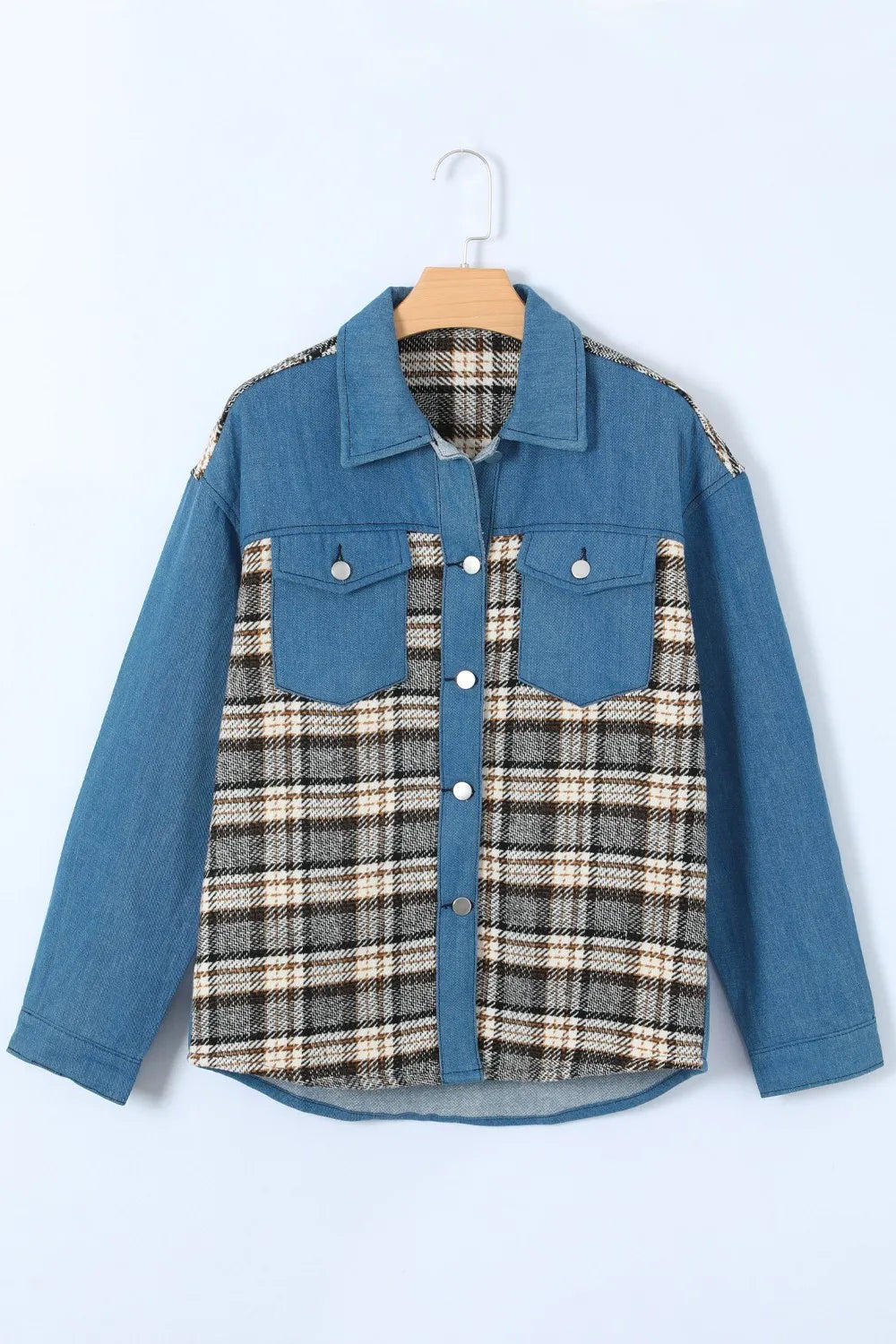 Plaid Pocketed Button Up Denim Jacket 