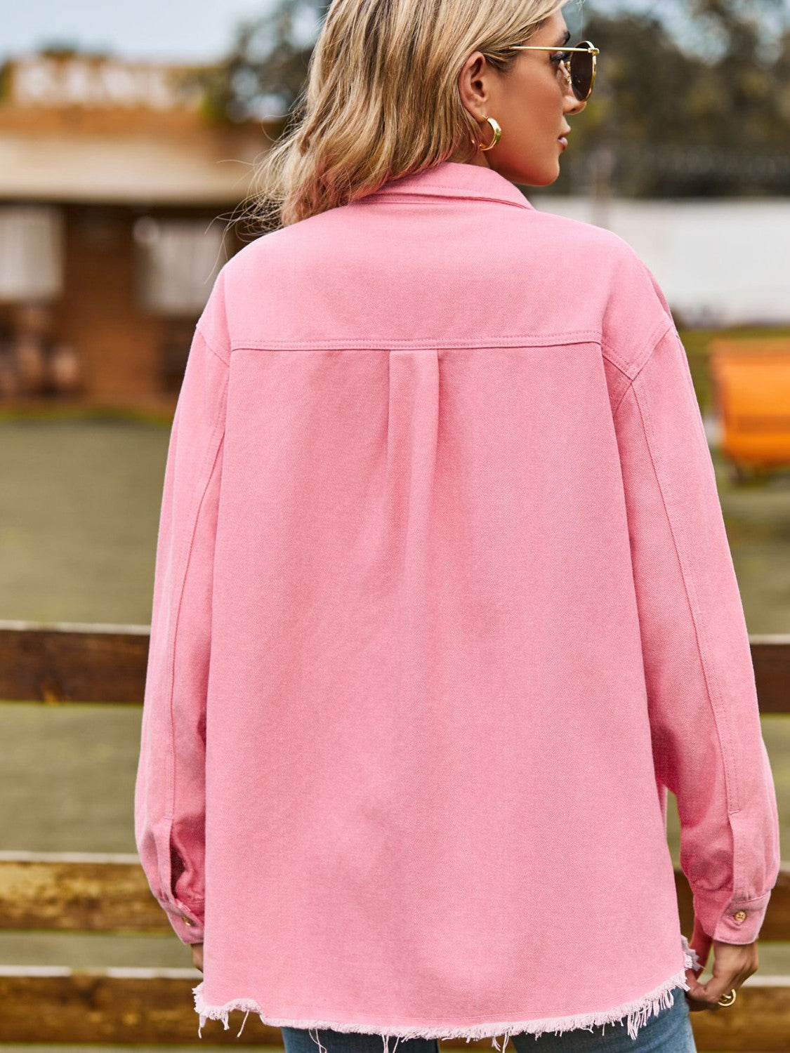 Button Up Collared Neck Raw Hem Denim Top 