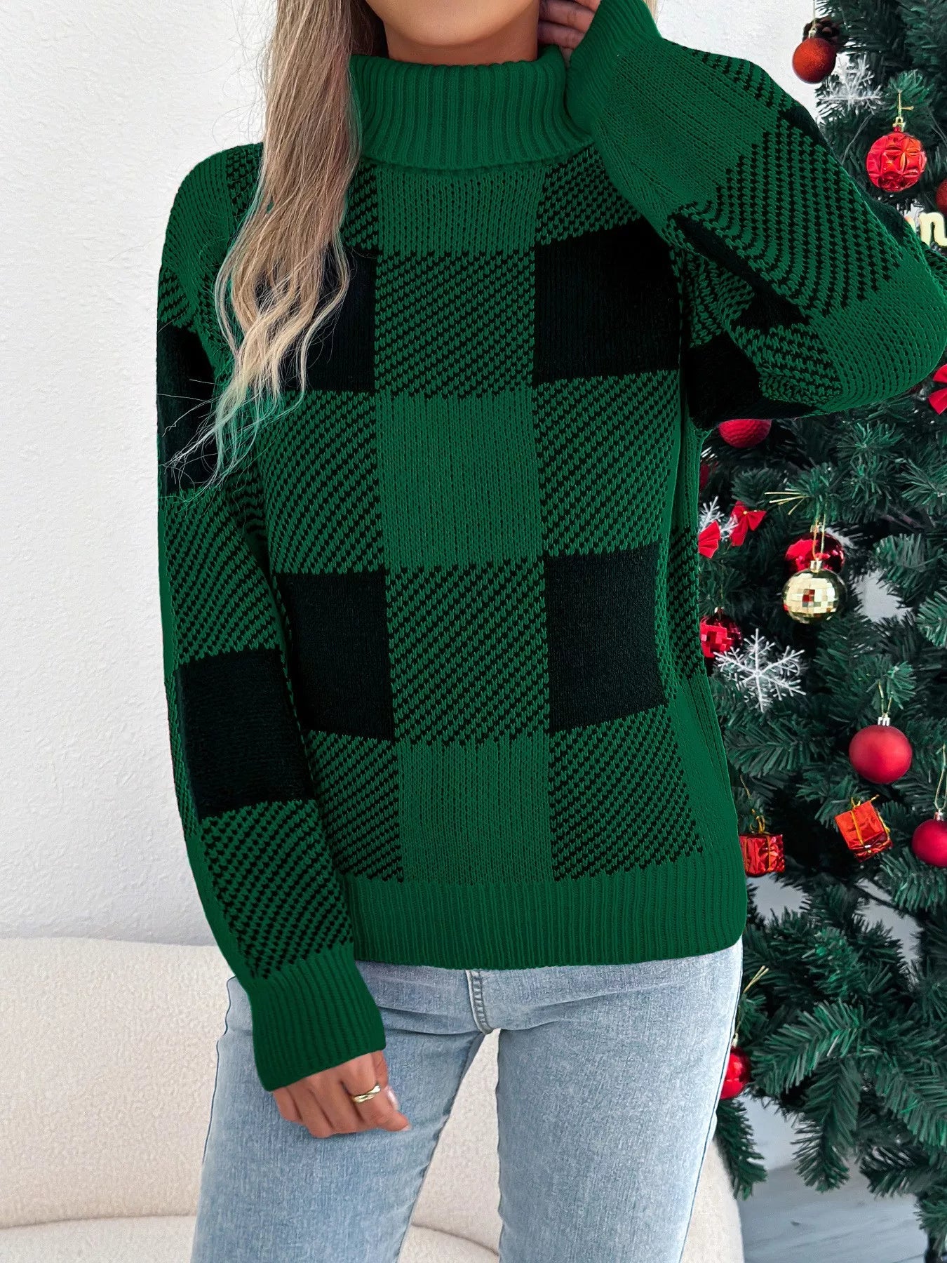 Christmas Plaid Long Sleeve Turtleneck Sweater 