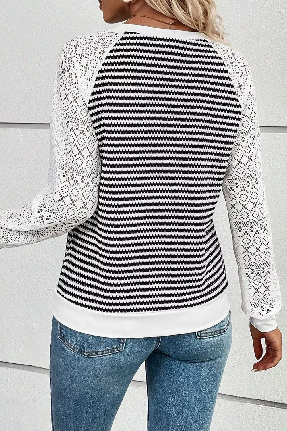 Striped Lace Raglan Sleeve Blouse 