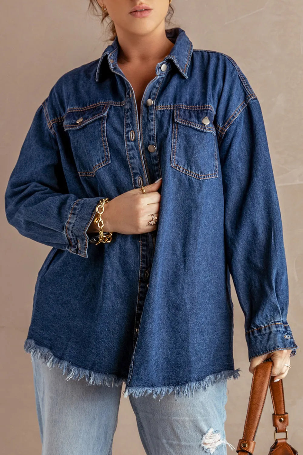 Button Up Pocketed Raw Hem Denim Jacket 