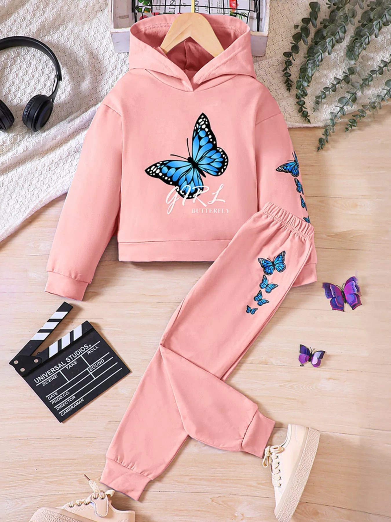 Childrens's Butterfly Print Hoodie & Pants Set 