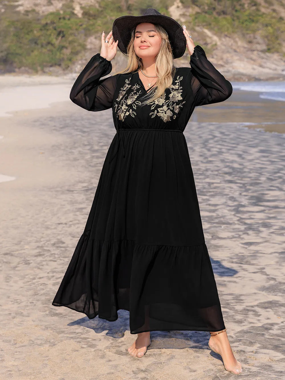 Plus Size Embroidered Tie Neck Long Sleeve Dress 