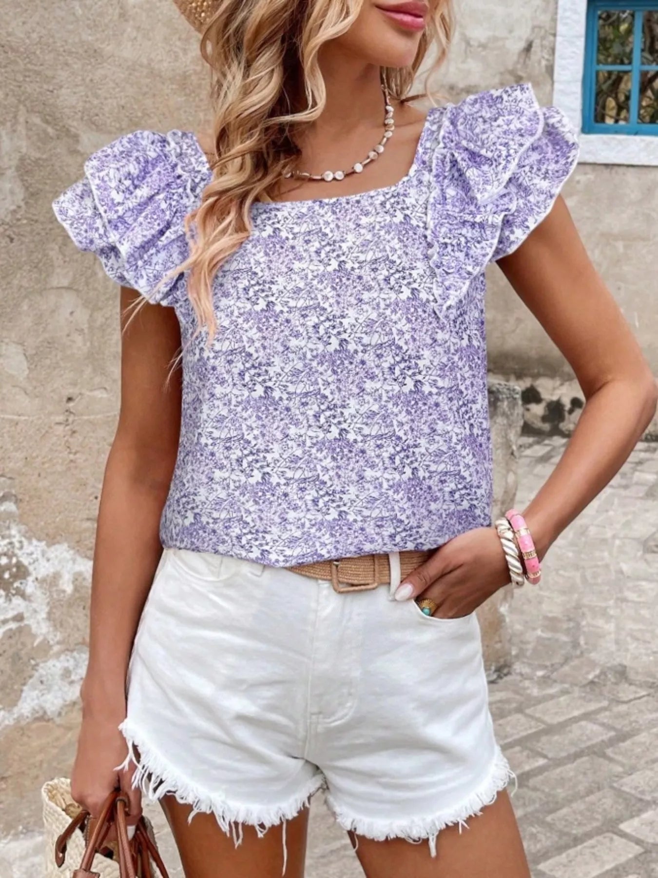 Floral Print Ruffle Trim Blouse 