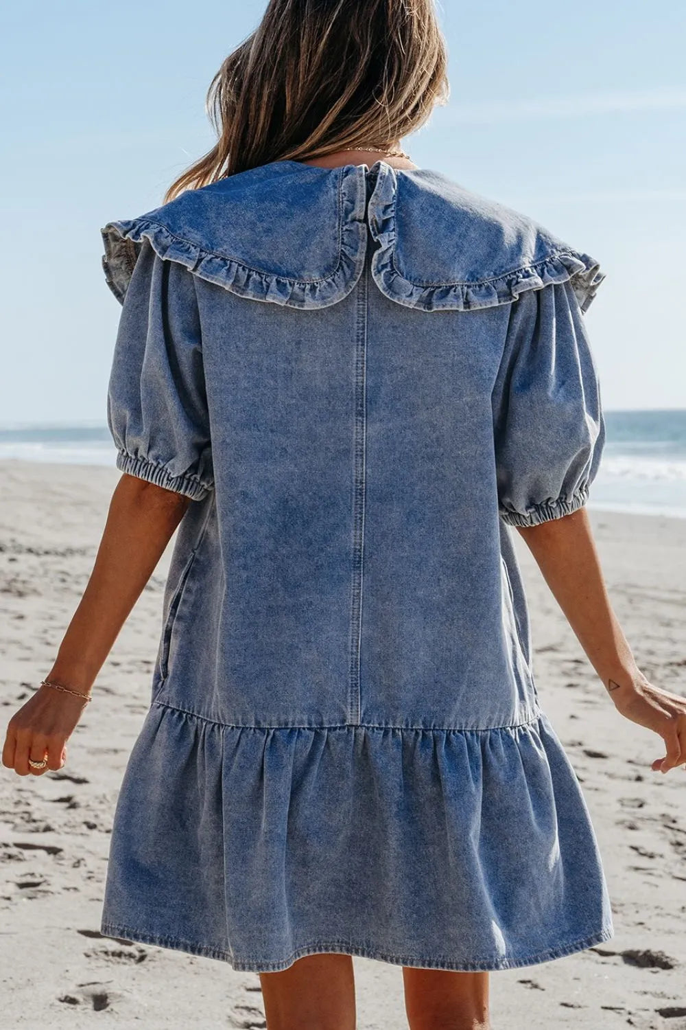 Ruffled Side Pockets Puff Sleeve Denim Mini Dress 