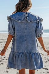 Ruffled Side Pockets Puff Sleeve Denim Mini Dress 