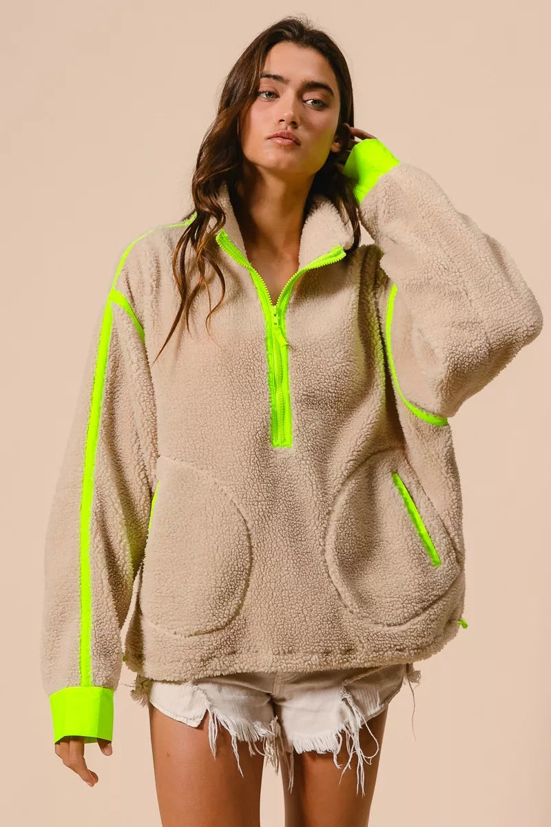 BiBi Contrast Edge Half Zip Up Sherpa Jacket 